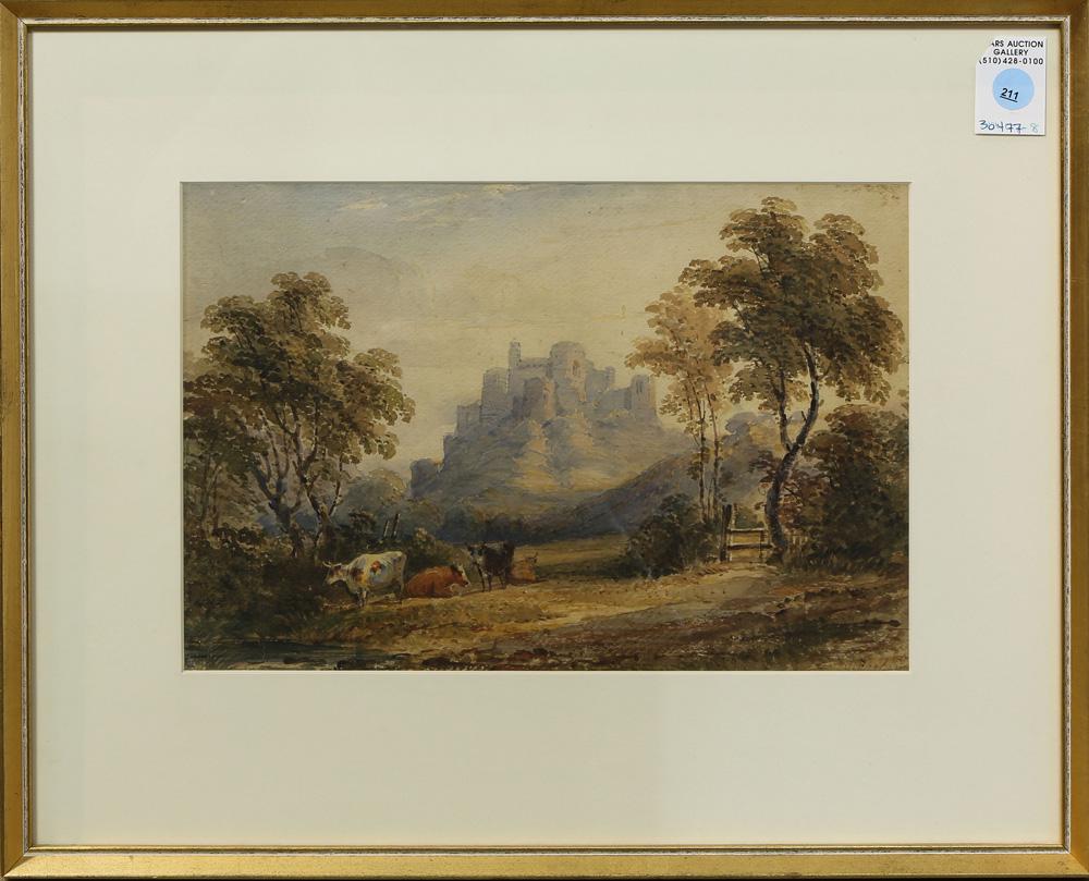 Watercolor, John Varley: John Varley (British, 1850-1933), Landscape with Cows and Distant Castle Ruins, watercolor, signed lower right, overall (with frame): 16"h x 19.5"w