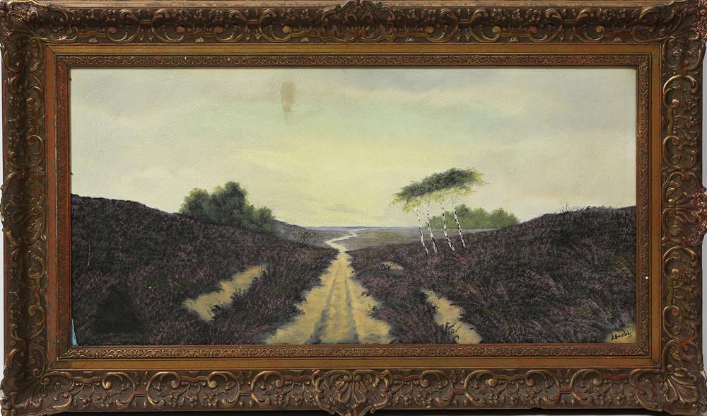 Painting, Landscape with Birch Trees: American School (20th century), Landscape with Birch Trees and Lavender to the Ocean, oil on canvas, signed indistinctly lower right, overall (with frame): 22.25"h x 38"w