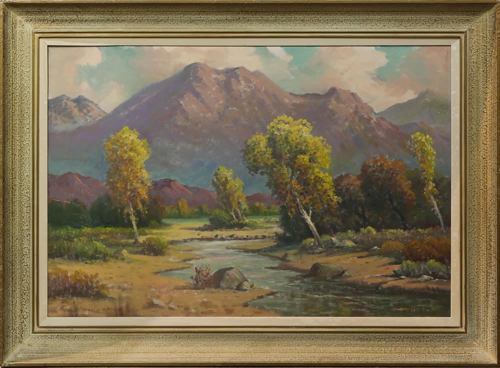 Painting, John Anthony Connor: John Anthony Connor (American, 1892-1971), "California Stream," oil on canvas, signed lower left, overall (with frame): 31.5"h x 43.25"w
