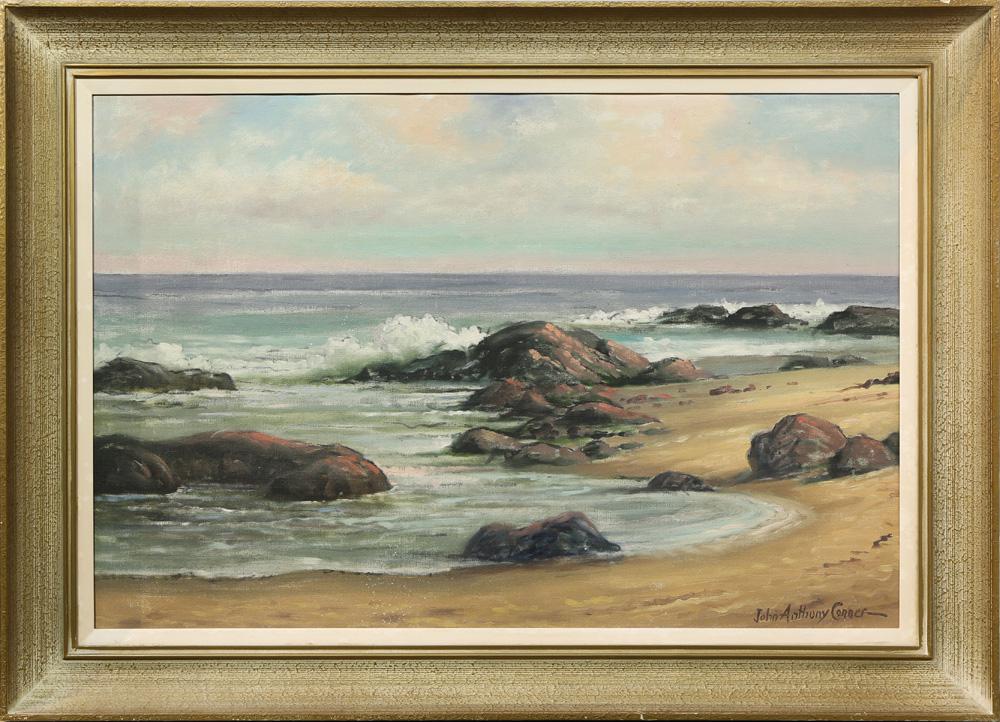 Painting, John Anthony Connor: John Anthony Connor (American, 1892-1971), "Quiet Seas near Malibu," oil on canvas, signed lower right, titled verso, overall (with frame): 31"h x 43.5"w
