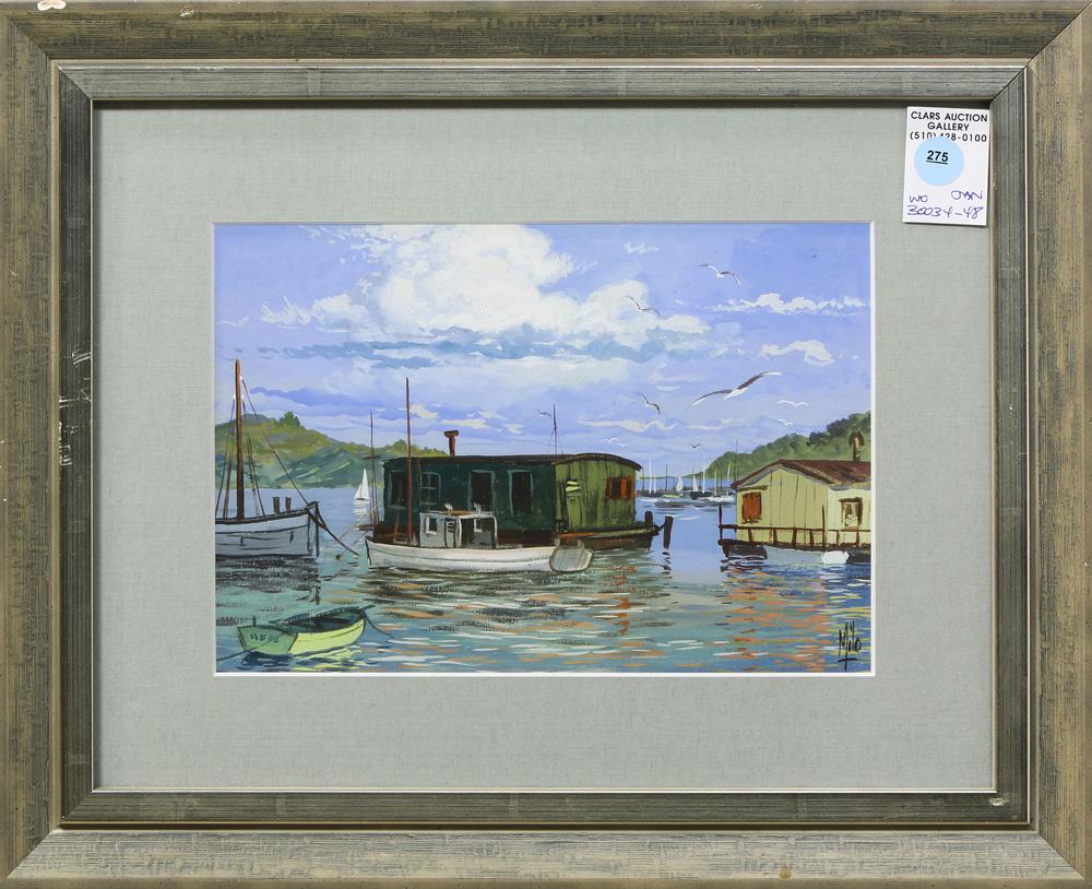 Watercolor, Sausalito Houseboats: American School (20th century), Sausalito Houseboats, watercolor, signed "Milo," lower right, overall (with frame): 13.5"h x 16.5"w