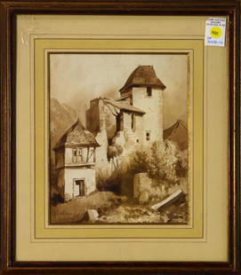 Watercolor, Alexandre Calame: Alexandre Calame (Swiss, 1810-1864), Village in the Alps, watercolor, signed, sight: 11"h x 9"w, overall (with frame): 15.5"h x 17.5"w