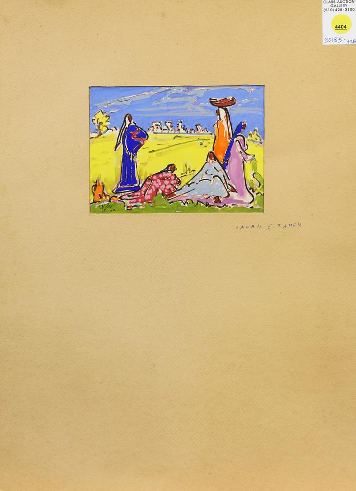 Watercolor and Gouache, Salah E. Taher: Salah E. Taher (Egyptian, 1911-2007), Women in the Field, watercolor and gouache, signed lower left, overall (with mat): 19.5"h x 24"w