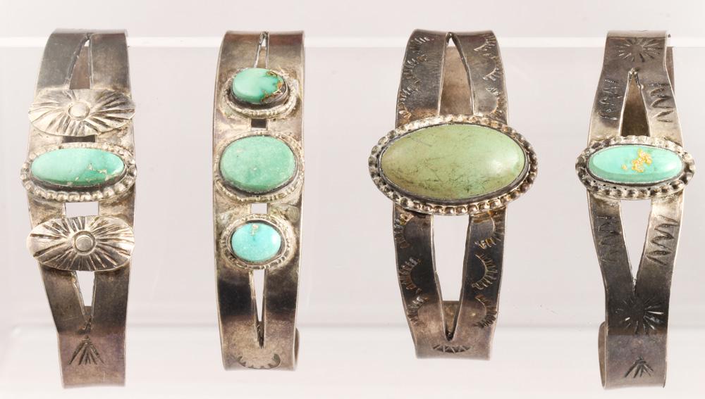 (Lot of 4) Native American turquoise, silver bracelets (1 of 2)