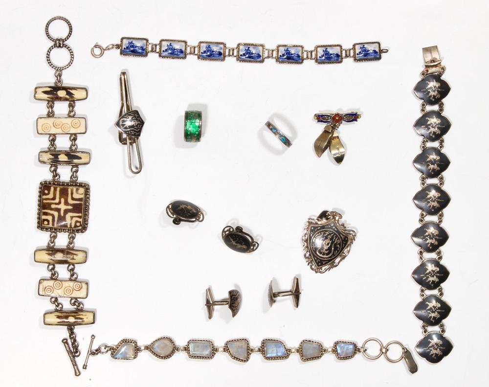 Collection of niello, moonstone, porcelain, enamel,: Collection of niello, moonstone, porcelain, enamel, sterling silver, silver, metal jewelry Including 1) Siamese, niello, sterling silver bracelet, earring, pendant-brooch jewelry suite; 1) Siamese, en