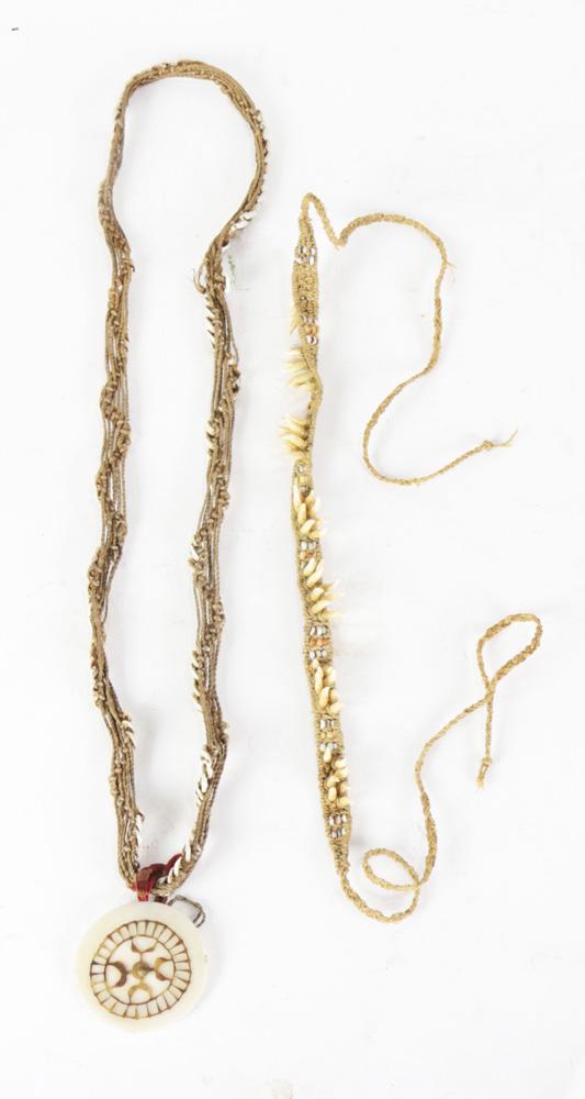 (lot of 2) South Pacific woven twine shell and bone: (lot of 2) South Pacific woven twine shell and bone accutrements, possibly Marquesas Islands, including a dolphin tooth necklace and possible waistband, Provenance: Richard I.M. Kelton Collection, Mar