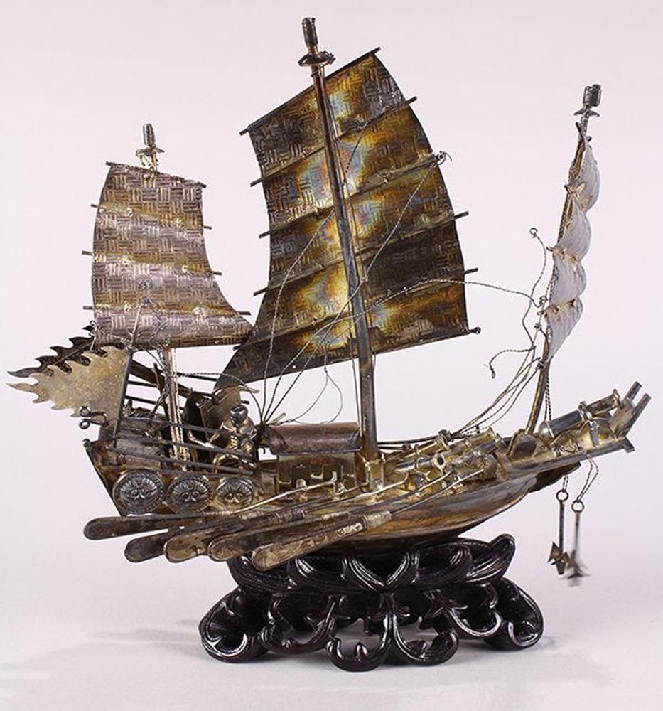 Japanese silver figural junk equipped with sails: Japanese silver figural junk equipped with sails