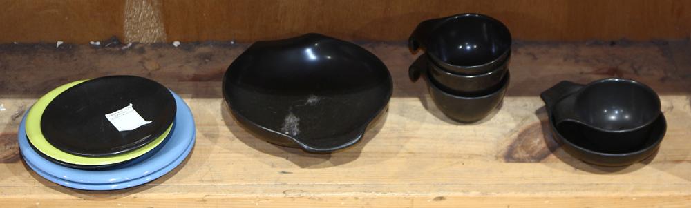 One shelf of pottery including Russel Wright examples: One shelf of pottery including Russel Wright examples