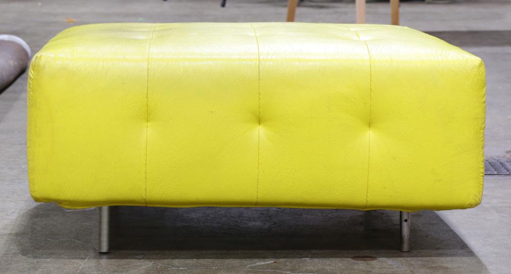 Harvey Probber tufted yellow ottoman: Harvey Probber tufted yellow ottoman, rising on chrome tubular legs, labeled on underside, 14.5"h x 32"dia.