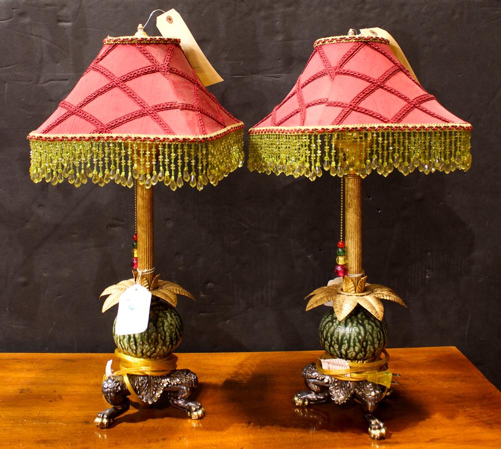 (lot of 2) Pair Frederick Cooper for Tyndale: (lot of 2) Pair Frederick Cooper for Tyndale chinoiserie lamps, the gilt columnar standard over a gilt tole encrusted green ceramic melon rising on a leafy knee hole cabriole legs ending in claw feet,