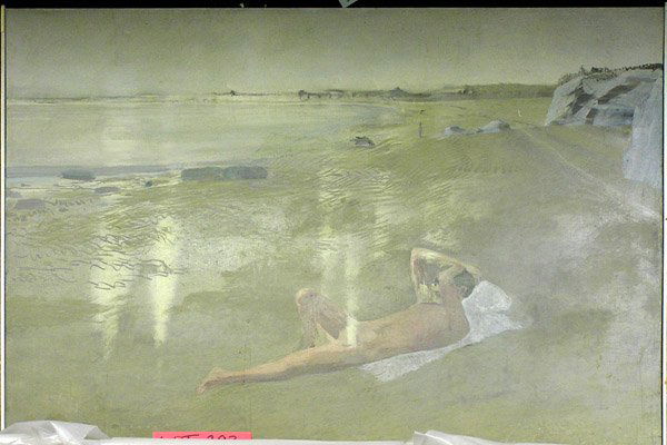 Painting Abstract Walter Snelgrove: Framed oil on canvas, Untitled (Nude on a Beach), by Walter Snelgrove (Californian, 1924 - ), unsigned, overall: 56.5''h x 77''w.