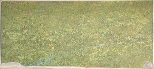 Painting Abstract Walter Snelgrove: Framed oil on canvas, Meadow (1984) by Walter Snelgrove (Californian, 1924 - ), unsigned, overall: 42.5''h x 82''w.