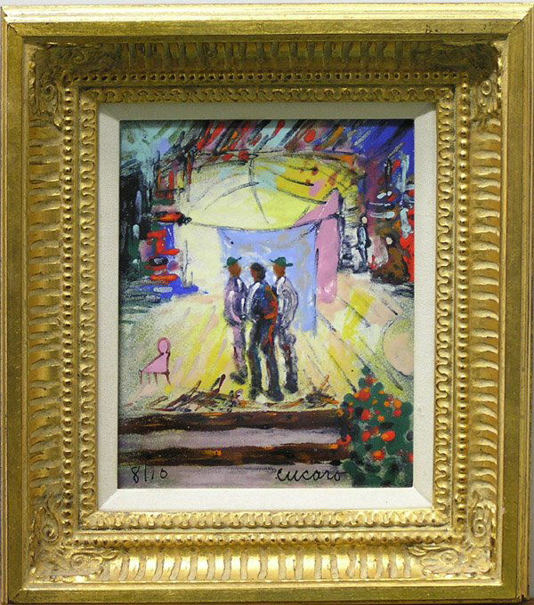 Painting, Enamel, Cucaro, Californian: Framed painting fired on copper, ''Three Figures,'' by Pascal Cucaro (Californian, 1915-2004), signed lower right, numbered 8/10 lower left, signed and sealed with wax verso, overall: 16''h x 14''w