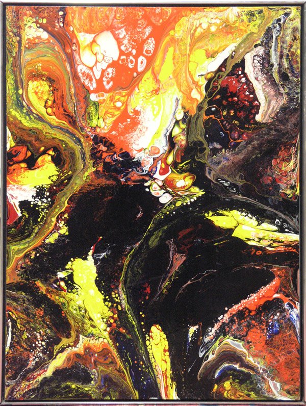 painting Richard Mann: Framed acrylic on board, ''Yellow/Orange compostition'', by Richard Mann (American, 20th century), signed lower center, sight: 48''h x 36'' w.