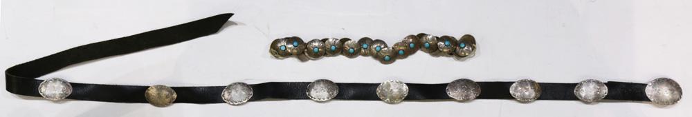 (lot of 2) Southwest silver concha items: (lot of 2) A Southwest silver concha leather belt and a string of turquoise mounted silver/white metal round buttons/concha, some with engraved sand dollar motif, the belt 50"l