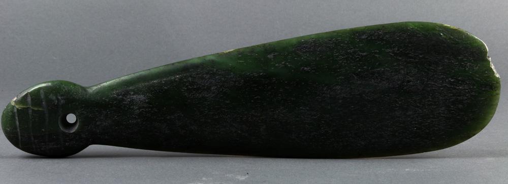 Fighting Club: Fighting Club, Maori, New Zealand, green nephrite jade, probably 19th Century, some abrasions at the tip from use and age, 13.5"l; Provenance: Richard I.M. Kelton Collection, Marina del Rey, Californi