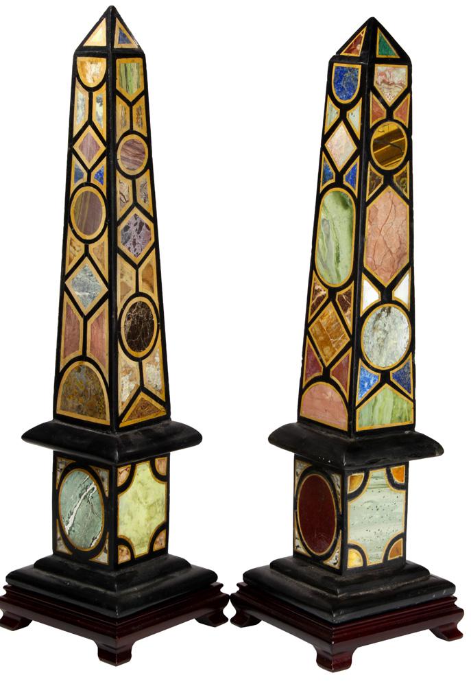 A Pair of Continental Neoclassical style specimen: Pair of Continental Neoclassical style specimen marble obelisks, of typical form, each rising on a pedestal base with stand, 24"h Provenance: The Estate of George Germany, Berkeley, CA.
