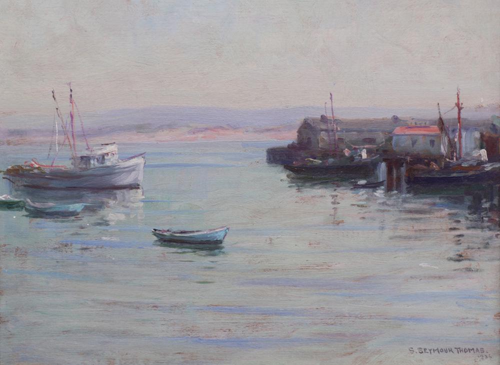 Painting, Stephen Seymour Thomas: Stephen Seymour Thomas (American, 1868-1956), "Monterey Bay," 1936, oil on panel, signed and dated lower right, titled verso, gallery label (Trotter Galleries, Carmel, CA) affixed verso, panel: 10.5"h