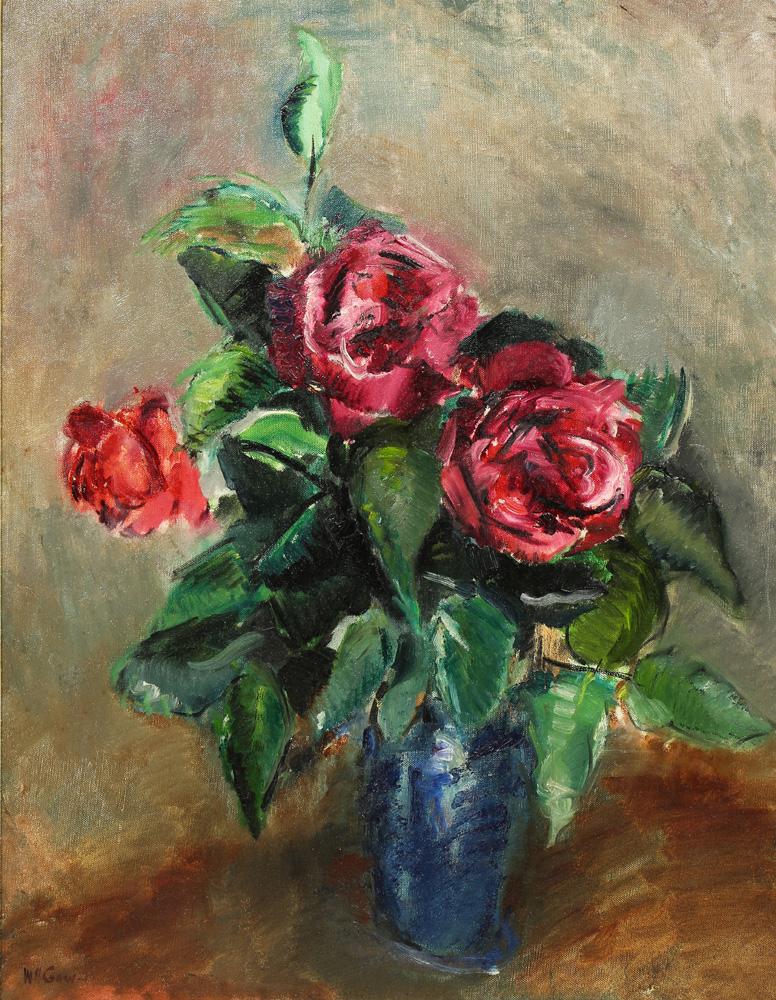 Painting, William Alexander Gaw: William Alexander Gaw (American, 1891-1973), "Roses," 1940, oil on canvas, signed lower left, gallery title label (Maxwell Galleries, San Francisco, CA) affixed verso, canvas: 27"h x 21"w, overall (wi