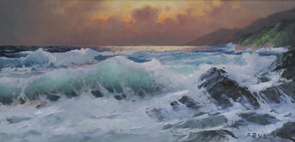 Painting, Alexander Dzigurski: Alexander Dzigurski (American, 1911-1995), "Breakers," oil on canvas, signed lower right, canvas: 18"h x 36"w, overall (with frame): 25.75"h x 44"w. Note: Accompanied by C.O.A. with title from Simic -