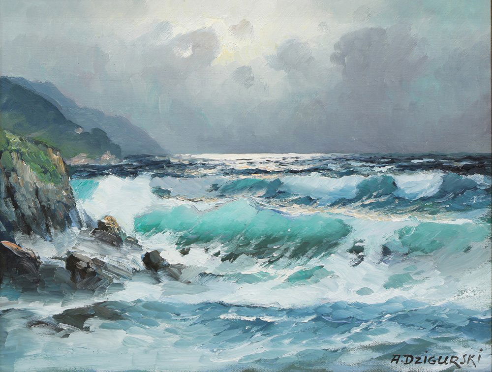 Painting, Alexander Dzigurski: Alexander Dzigurski (American, 1911-1995), "Big Sur," oil on canvas, signed lower right, canvas: 14"h x 18"w, overall (with frame): 18.5"h x 22.5"w. Note: Accompanied by C.O.A. with title from Simic -