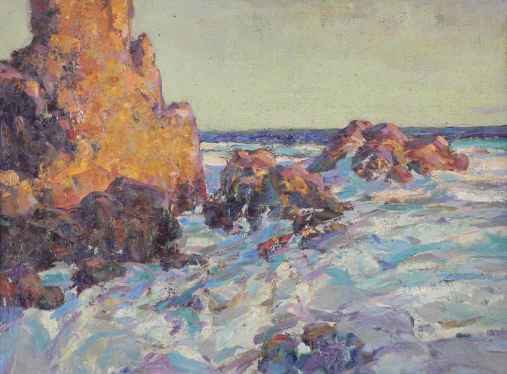 Painting, Karl Schmidt: Karl Schmidt (American, 1890-1962), Untitled (Seascape), 1917, oil on panel, signed, dated and inscribed "Santa Barbara" verso, Museum reference no: S17.6, panel: 12"h x 16"w, overall (with frame): 15