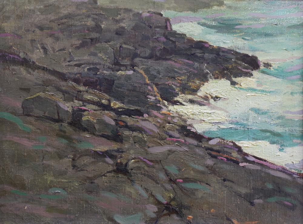 Painting, Karl Schmidt: Karl Schmidt (American, 1890-1962), "A Grey Estuary (Monhegan, Maine)," 1912, oil on canvas, titled and dated verso, Museum reference no: S3.3, canvas: 12"h x 16"w, overall (with frame): 14.25"h x 18.