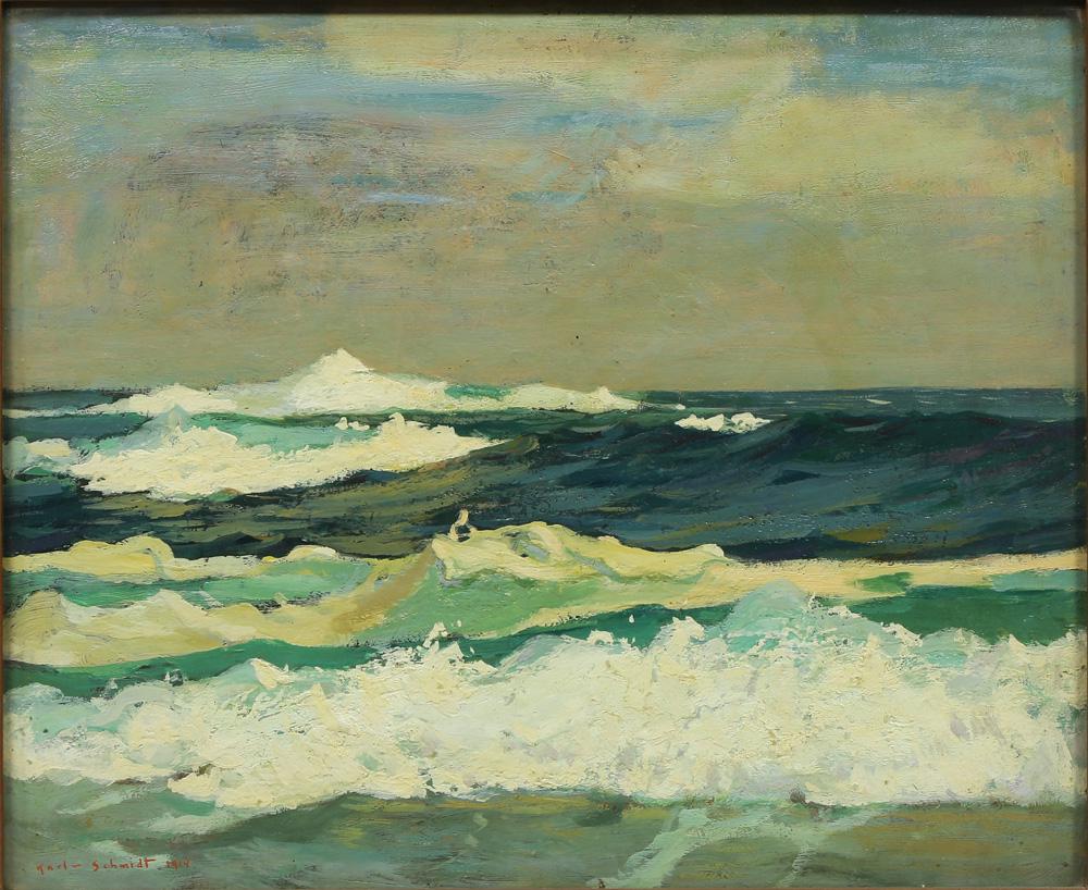 Painting, Karl Schmidt: Karl Schmidt (American, 1890-1962), "Breakers on the Pacific Coast," 1915, oil on board, signed lower center (on frame), signed and dated lower left, titled and stamped verso, Museum reference no: S38