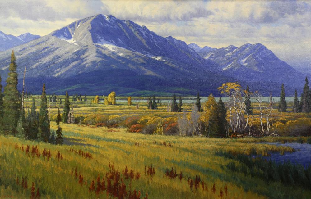 Painting, Charles John Fritz: Charles John Fritz (American, b. 1955), "September View over Saint Mary Lake," oil on canvas, signed lower right, title plaque lower center, canvas: 32"h x 48"w, overall (with frame): 40.75"h x 56.5"w