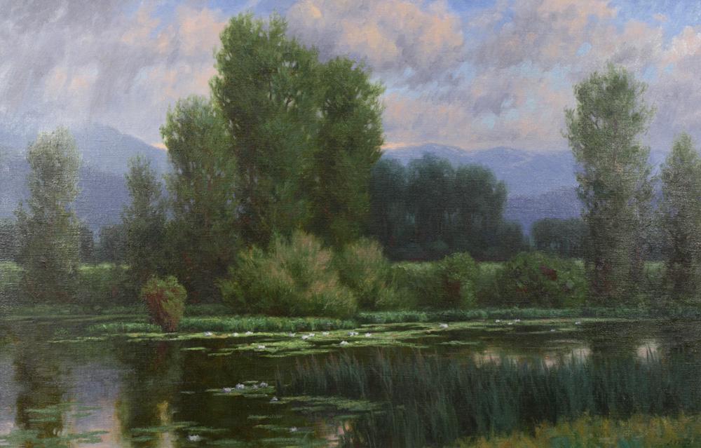 Painting, Charles John Fritz: Charles John Fritz (American, b. 1955), "First Lilies of Summer," oil on canvas, signed lower right, title plaque lower center, gallery label (Fritz Fine Art, Billings, MT) affixed verso, canvas: 24"h