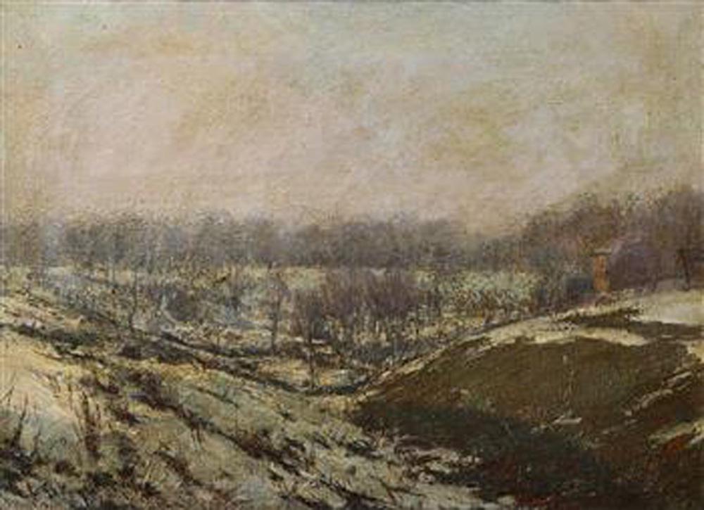 Painting, Louis Charles Vogt: Louis Charles Vogt (American, 1864-1939), "Will the Ground Hog Come Out," oil on canvas, signed lower left, title label affixed verso, canvas: 12"h x 16"w, overall (with frame): 17"h x 21"w