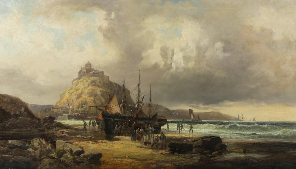 Painting, Robert Ernest Roe: Robert Ernest Roe (British, 1852-1920), "St. Michael's Mount," 1879, oil on canvas, signed and dated lower left, titled verso, canvas: 41"h x 24.5"w, overall (with frame): 30.5"h x 47.5"w