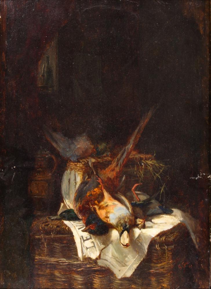Painting, Henry George Todd: Henry George Todd (British, 1846-1898), Still Life with Birds, 1869, oil on board, signed and dated lower right, board: 17.5"h x 12.25"w, overall (with frame): 24"h x 19.75"w