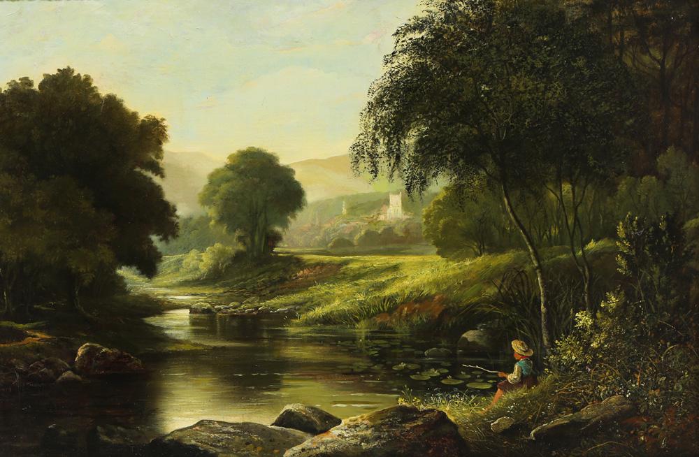 Painting, Arthur James Stark: Arthur James Stark (British, 1831-1902), "Near Balmoral," oil on canvas, signed lower right (on log), artist title plaque lower center, canvas: 23.25"h x 35.25" w, overall (with frame): 31"h x 43.5"w