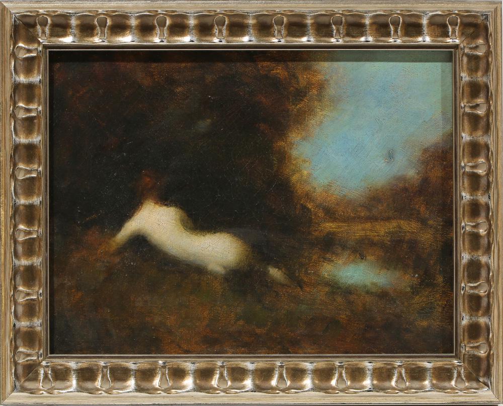 Painting, Attributed to Jean Jacques Henner: Attributed to Jean Jacques Henner (French, 1829-1905), Femme Nue, oil on canvas, unsigned, sight: 9"h x 12.5"w, overall (with frame): 12.25"h x 15.25"w. Provenance: purchased at Gabrielle Ionesco, Neu