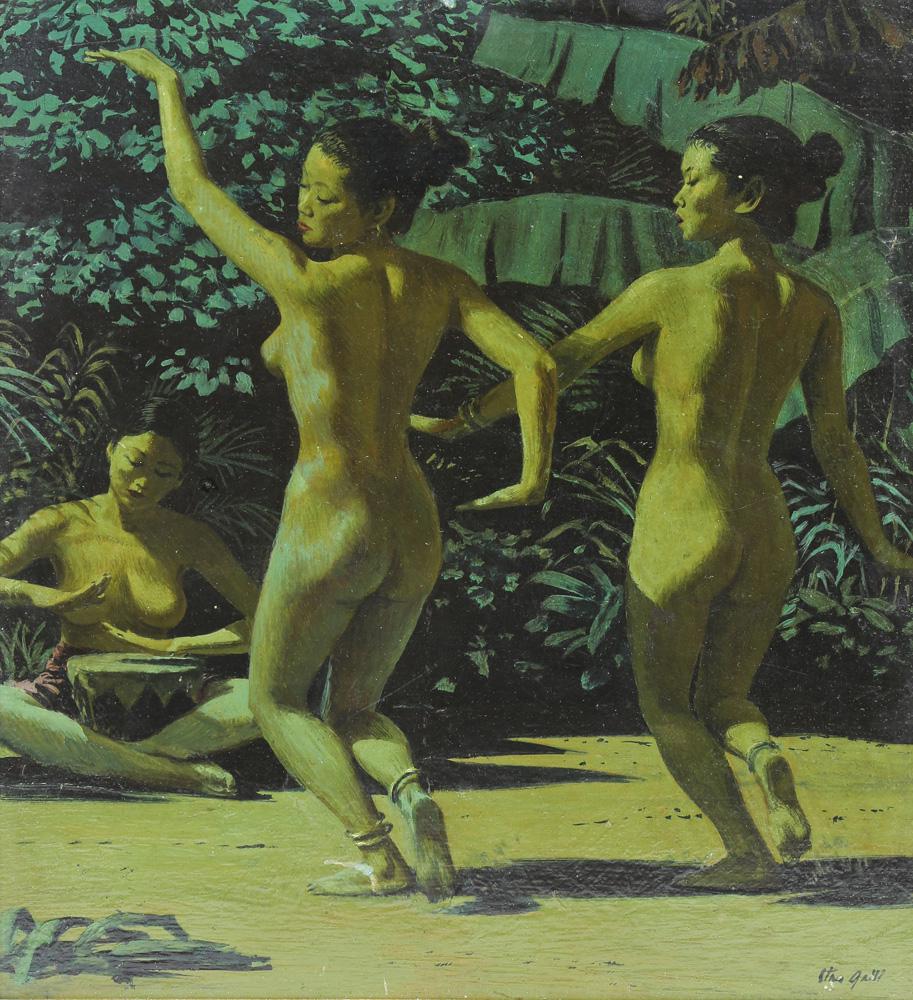 Painting, Stanley Galli: Stanley Galli (American, 1912-2009), Tropical Scene with Dancing Nudes, oil on board, signed lower right, sight: 14"h x 12.5"w, overall (with frame): 17"h x 15.75"w