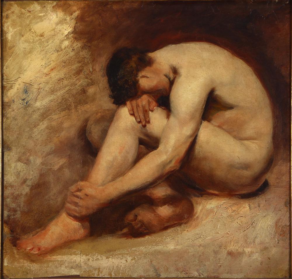 Painting, Male Nude: European School (20th century), Male Nude, oil on paper laid on canvas, unsigned, canvas: 19"h x 20"w, overall (with frame): 20.25"h x 21.25"w. Provenance: The Estate of George Germany, Berkeley, CA.