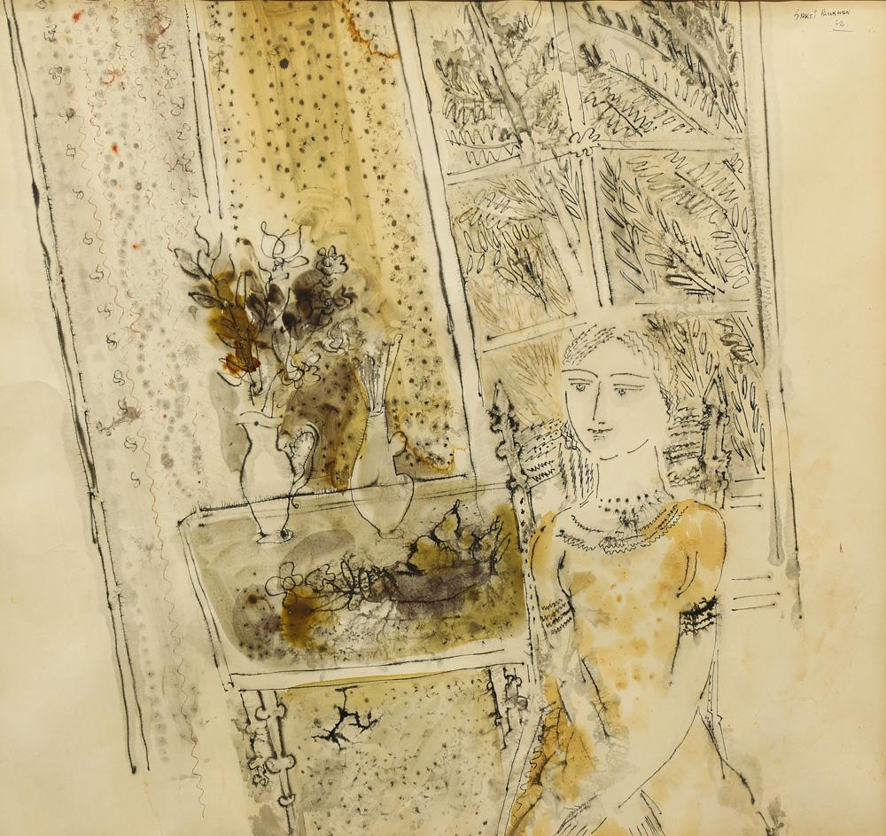 Work on Paper, Sakti Burman: Sakti Burman (French/Indian, b. 1935), Untitled (Interior scene with seated figure by window), 1962, ink and watercolor on paper, signed and dated upper right, sight: 18.5" h x 19.75"w, overall (with