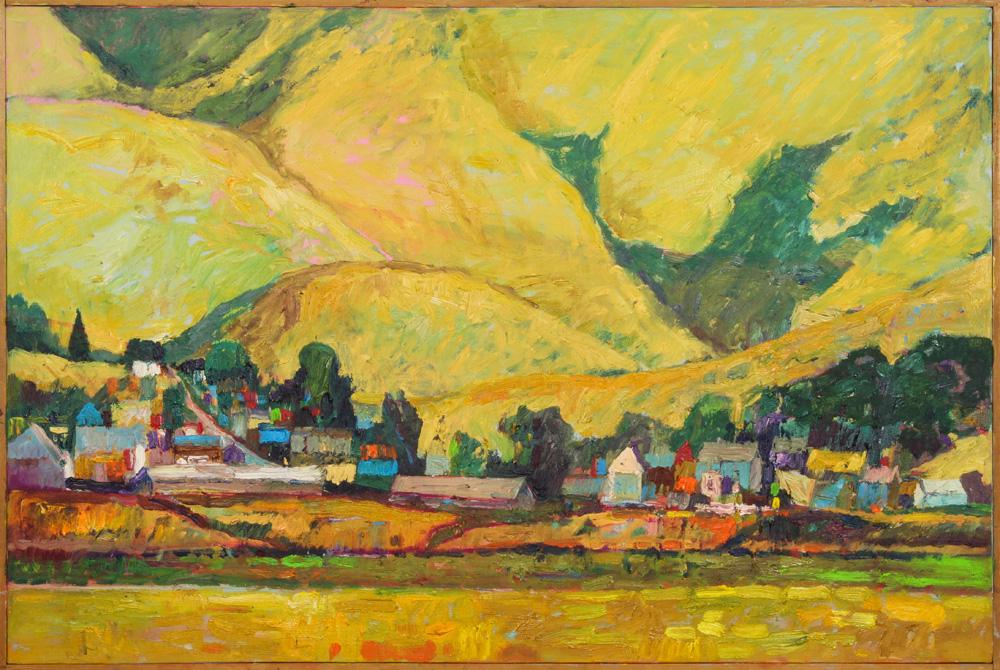 Painting, Lundy Siegriest: Lundy Siegriest (American, 1925-1985), Untitled (Colorful homes with sprawling California golden hills), oil on canvas, stamped from the Estate of Lundy Siegriest verso, canvas: 24"h x 34.75"w, overal