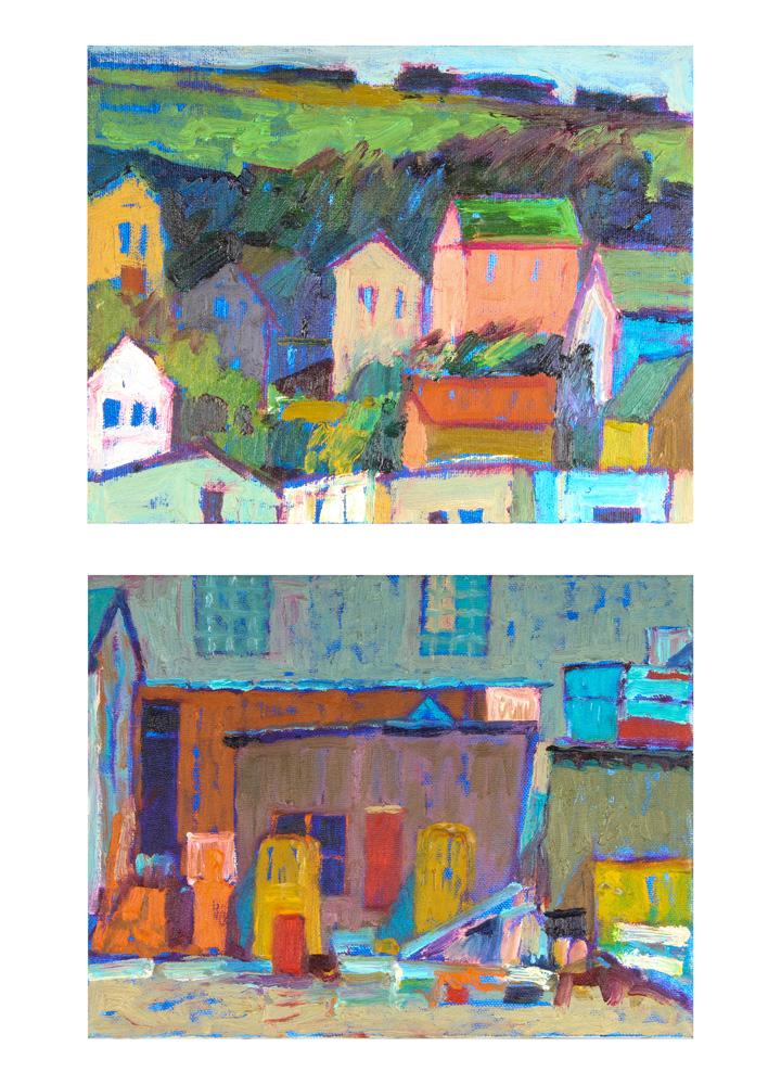 Paintings, Lundy Siegriest: (lot of 2) Lundy Siegriest (American, 1925-1985), Untitled (Boat yard) and Untitled (Houses in the Hills), oils on canvas, each stamped from the Estate of Lundy Siegriest verso, overall (unframed/each