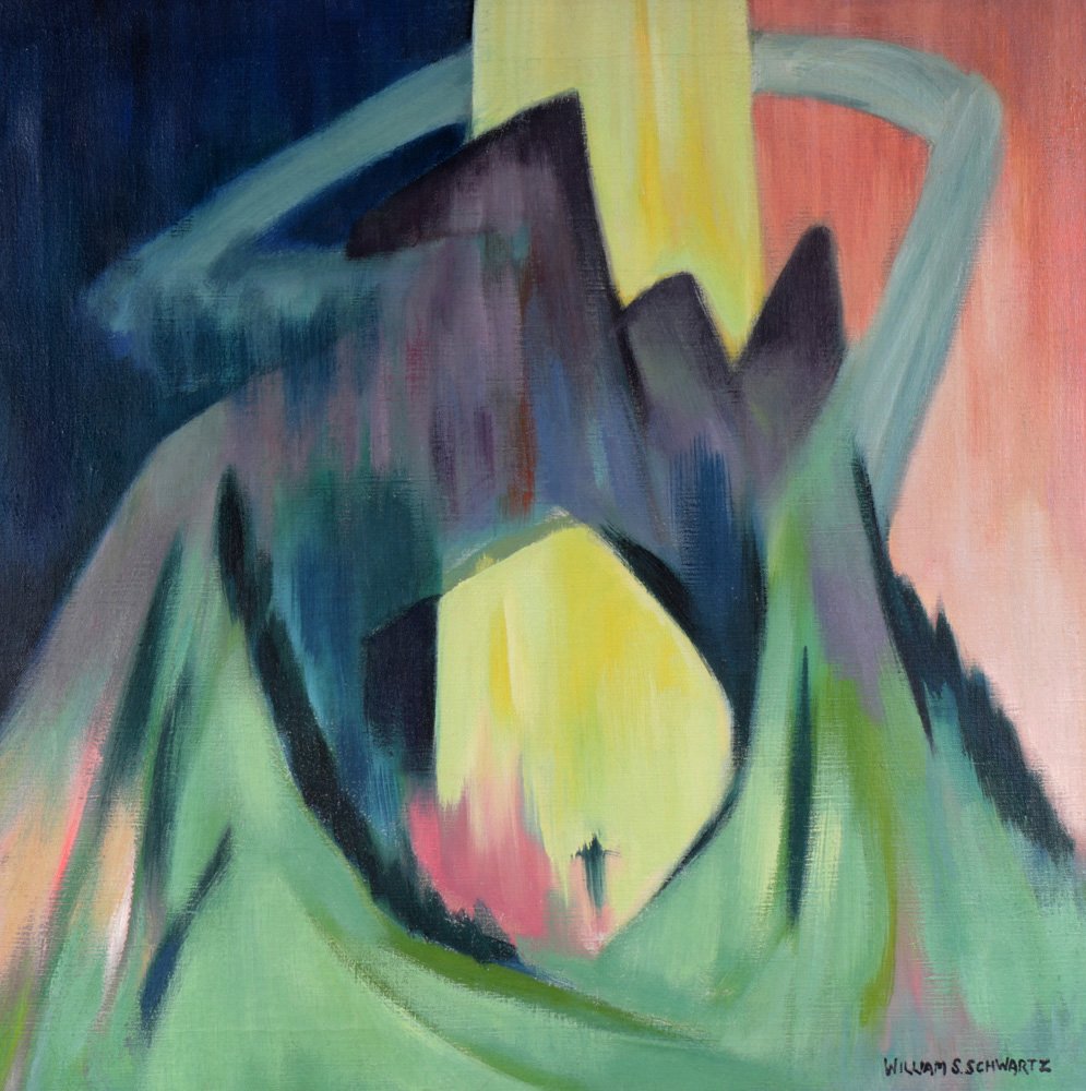 Painting, William Samuel Schwartz: William Samuel Schwartz (American, 1896-1977), Surrealist Mountain, oil on canvas, signed lower right, canvas: 20"h x 20"w, overall (with frame): 23"h x 23"w