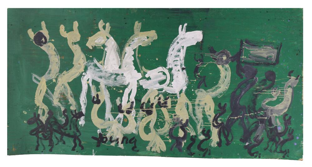 Painting, Purvis Young: Purvis Young (American, 1943-2010), Untitled (Horses on Green), paint on repurposed wood (plywood) and staples, signed lower left/center, overall (unframed): 45"h x 86"w. Provenance: Private Collectio
