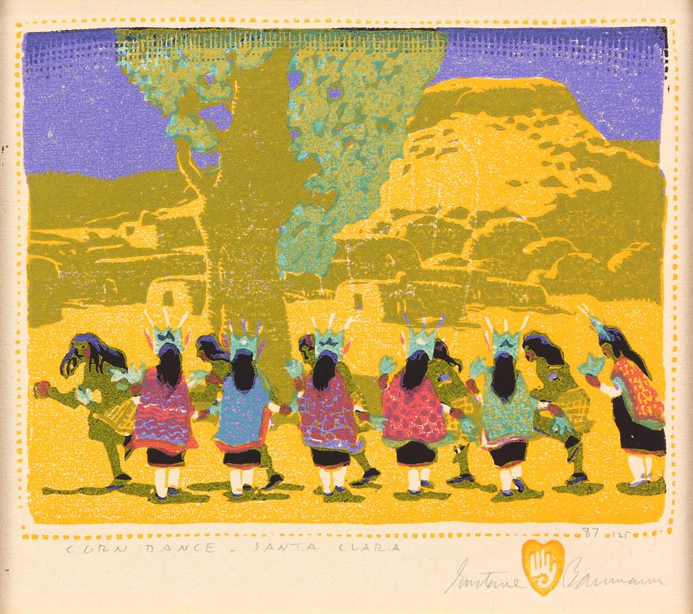 Print, Gustave Bauman: Gustave Bauman (American/German, 1881-1971), "Corn Dance, Santa Clara," woodblock print in colors, pencil signed lower right, titled lower left, edition 87/125, gallery label (Zaplin Lampert Gallery, 