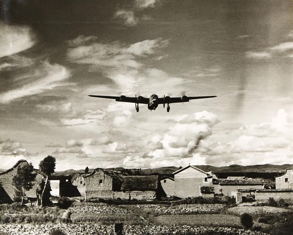 Photograph, Lou Stoumen: Lou Stoumen (American, 1917-1991), "Shark-nosed Bomber Landing," 1944, gelatin silver print, image: 8"h x 10"w, overall (with mat): 14"h x 17"w