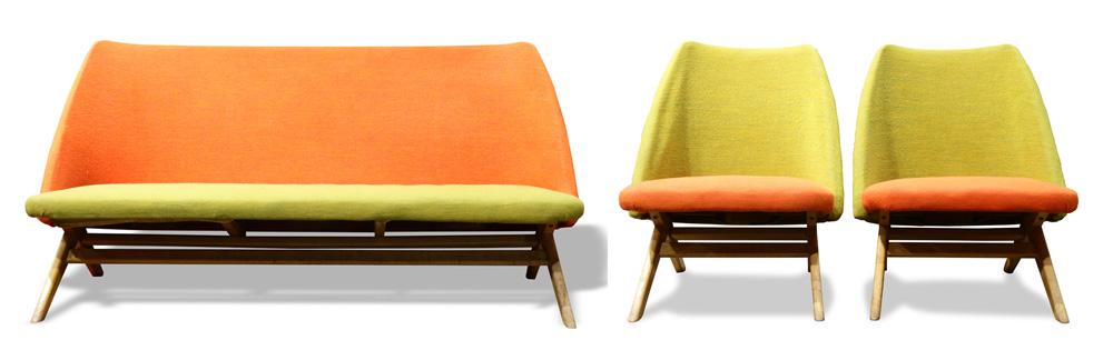 A Theo Roth for Artifort attributed living room suite: A Theo Roth for Artifort attributed living room suite, consisting of a sofa, having a shaped orange upholstered back, above a green seat, and rising on x-form blond wood legs, 28"h x 56"w x 20"d, toge
