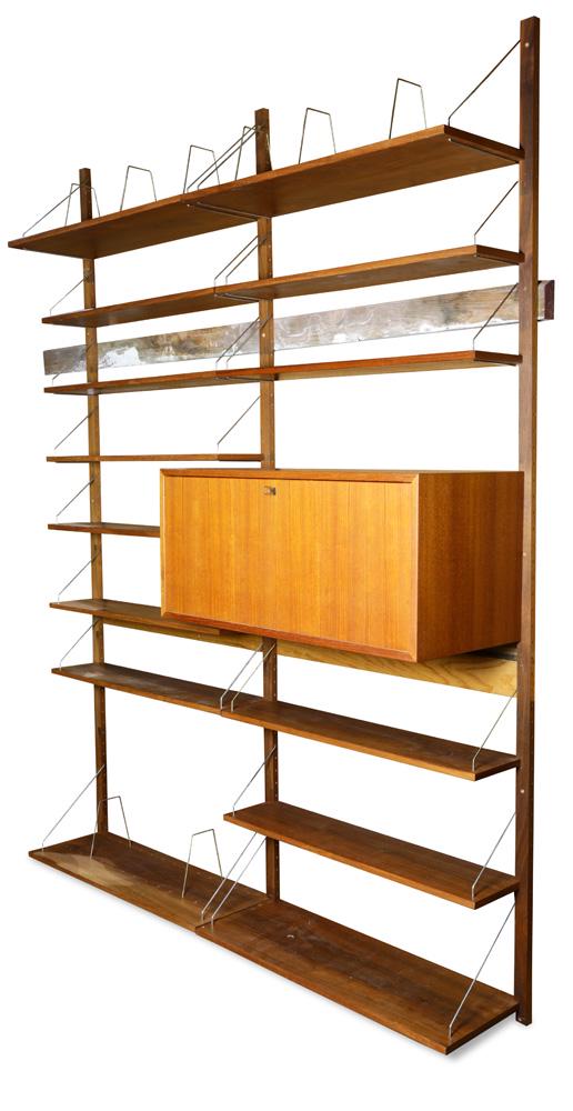 A Modern teak and chrome wall shelving unit: Modern teak and chrome wall shelving unit, consisting of (9) shelves and a fall front cabinet, overall: 91"h x 69.5"w x 16"d