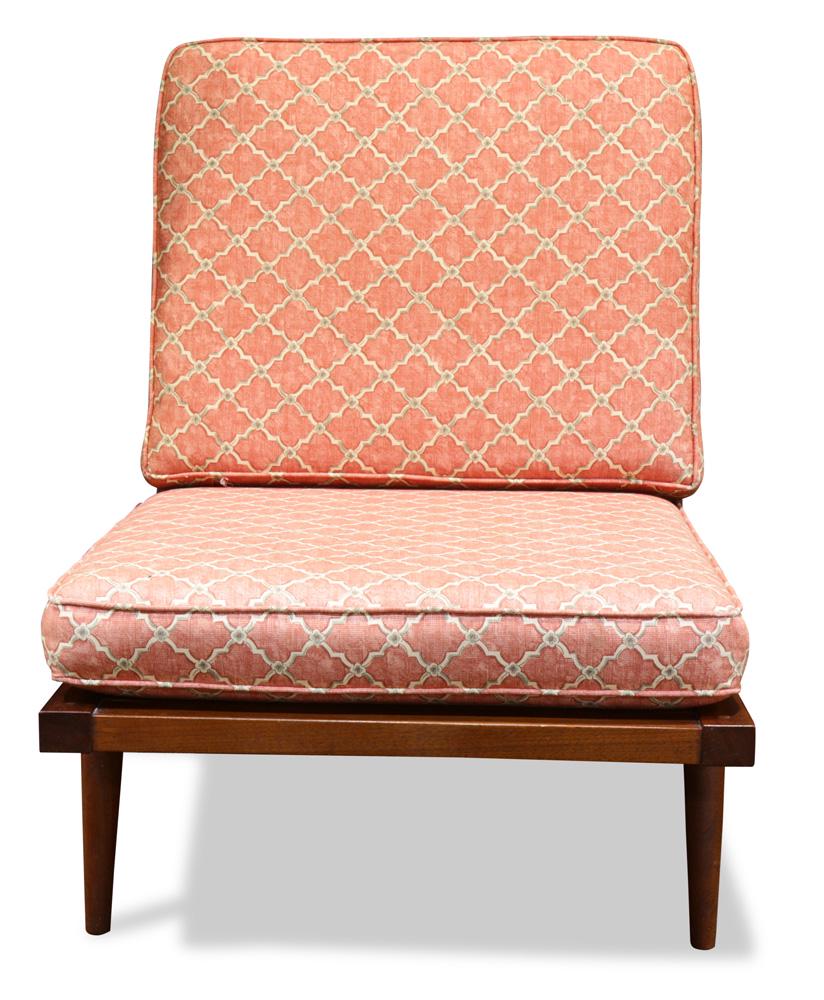 A George Nakashima (1905-1990) Cushion chair, New Hope,: A George Nakashima (1905-1990) Cushion chair, New Hope, PA, 1961, having a slatted back, above tapered dowel legs, signed and dated on underside, 30.5"h