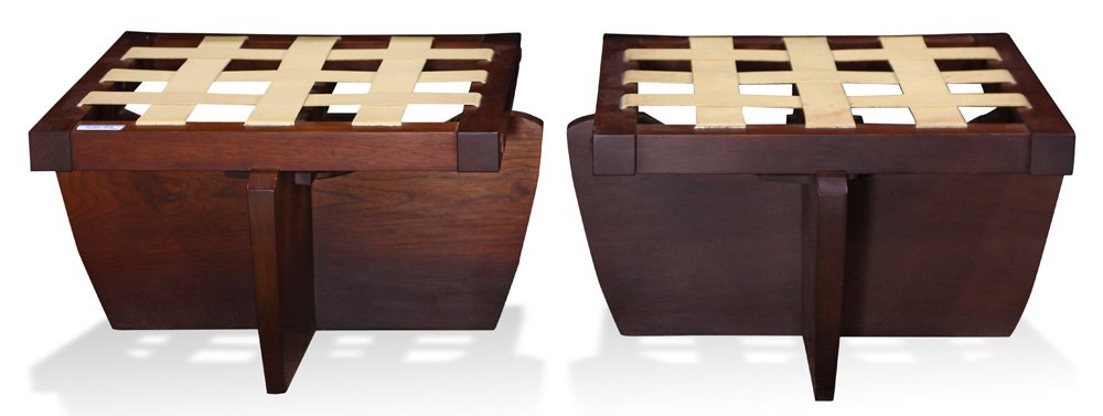 A Pair of George Nakashima, Nakashima Studio, Greenrock: Pair of George Nakashima, Nakashima Studio, Greenrock stools, 1989 executed in walnut, signed and dated on underside, 11.5"h x 21"dia.