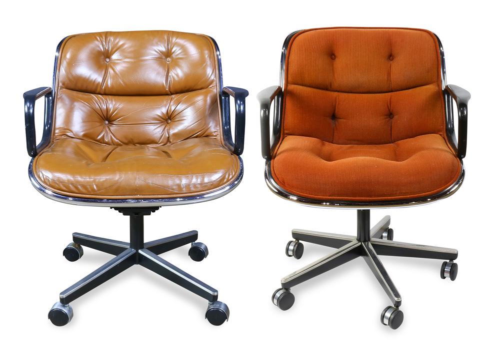 A group of Charles Pollock for Knoll International: (lot of 2) Charles Pollock for Knoll International Executive chairs, each having brown tufted upholstery, above a swivel seat with a chrome and enameled steel frame, rising on casters, 32"h