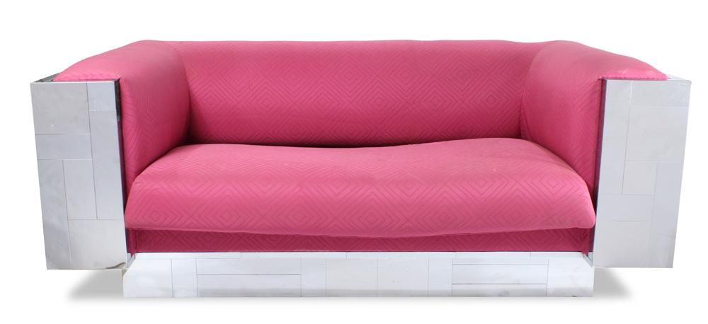 A Paul Evans Cityscape loveseat: Paul Evans Cityscape loveseat having maroon upholstery above a mirrored frame, 26"h x 66"w x 37"d